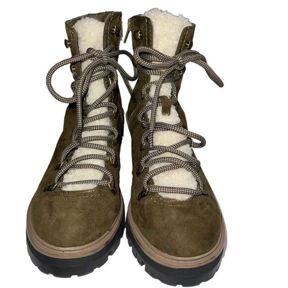 Esprit Olive Green & Faux Fur Flynne Chunky Heel Boots - Size 7.5 - Picture 1 of 6